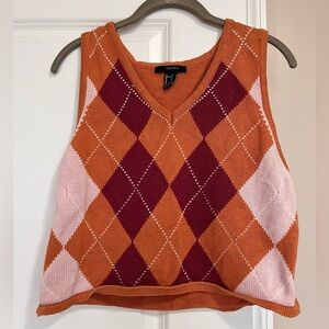 Forever 21 Orange Argyle Knit Sweater Vest with Pink & Burgundy Diamonds